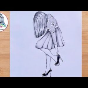 A girl is wearing shoes on her feet - step by step Pencil Sketch for beginners | How to draw a girl