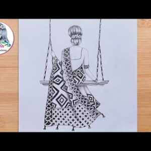 Easy drawing of a girl with sari in a cradle- step by step || How to draw || Pencil Sketch