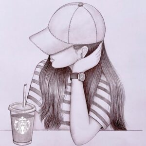 How to draw A girl with Starbucks Iced Coffee - step by step || Pencil Sketch for beginners