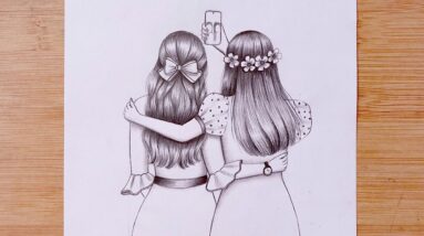 Easy Drawing - Two friends are taking a selfie || Best friends || BFF || besties -Pencil sketch