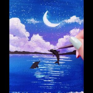 Easy Moon Cloud Sea Landscape Painting || step by step tutorial for beginners || Dolphin